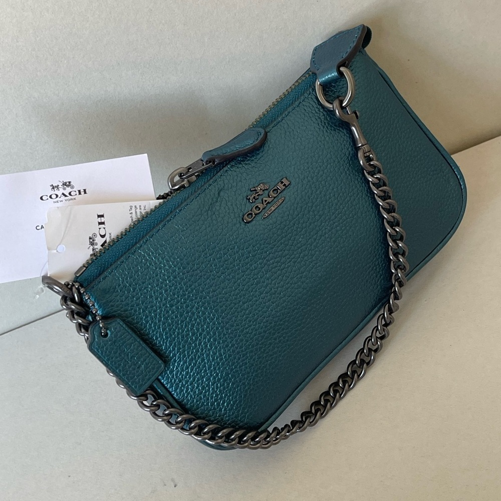 (new+tag) Coach large wristlet 19 metallic dark teal fit iPhone Pro Max